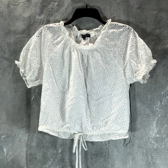 1.STATE Women's Ultra White Eyelet Raglan Sleeve Tie-Hem Crop Top SZ S - Picture 1 of 10